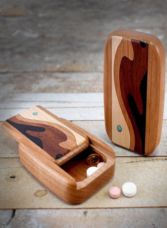 Modern Artisans American Made Pocket-Sized Pill Box (Thin Size) - Cherry Wood with Inlaid Wave Design - Image 3